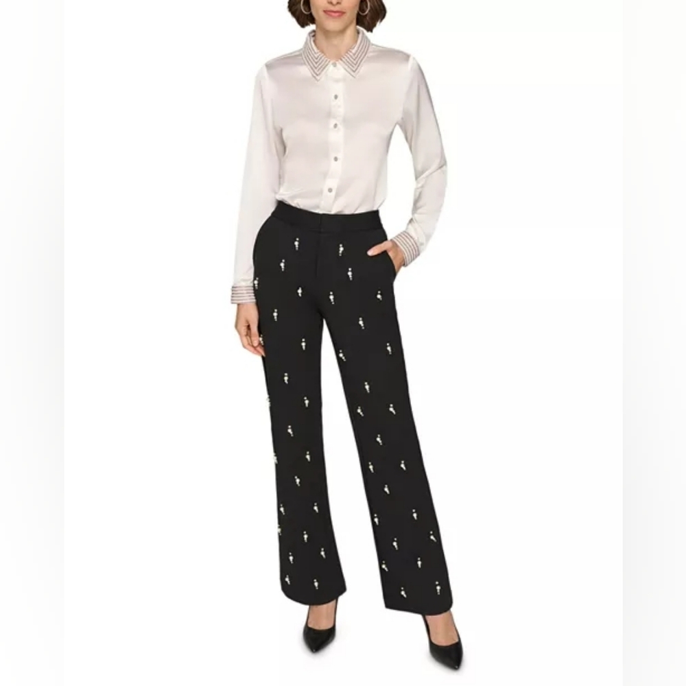 Karl Lagerfield Black Embellished Rhinestones & Faux Pearls Pants Sz 8 - Picture 2 of 12